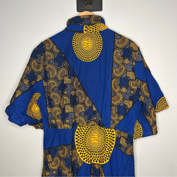 NWOT Mae Otti African Blue and Yellow Patterned Button-Up Dress - Picture 5 of 5